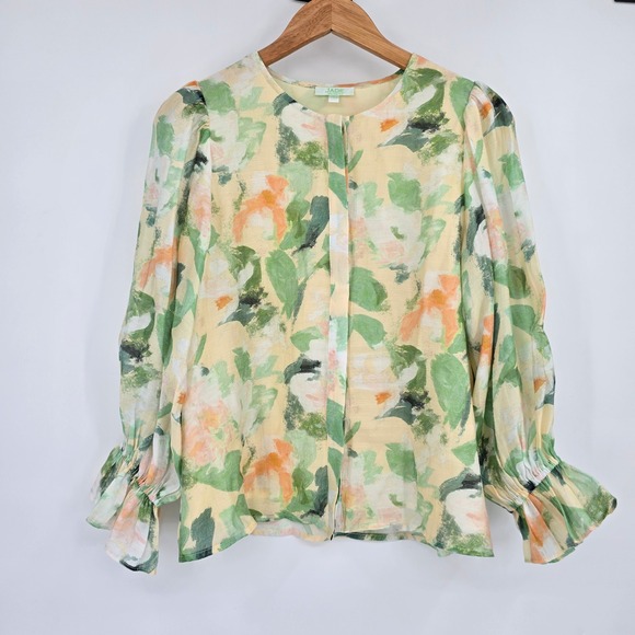 Jade Melody Tam Tops - Jade Melody Tam Floral Blouse Green Orange Yellow Impressionist Smocked Cuff S